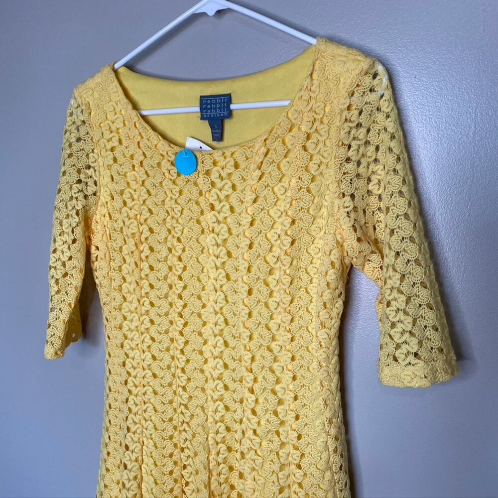 NWT Women's Rabbit Rabbit Rabbit Crochet Knit Sunny Yellow Dress Short Sleeve 8 - Picture 2 of 8